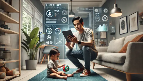 Seorang ayah Indonesia yang sedang menggunakan tablet untuk memantau perkembangan anaknya melalui aplikasi berbasis AI