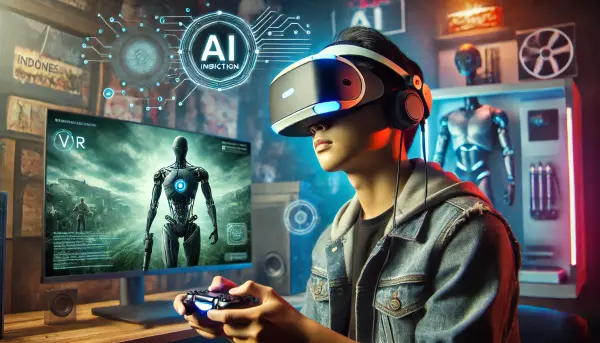 Seorang gamer yang menggunakan headset VR, terlibat dalam pengalaman bermain game yang imersif di ruangan