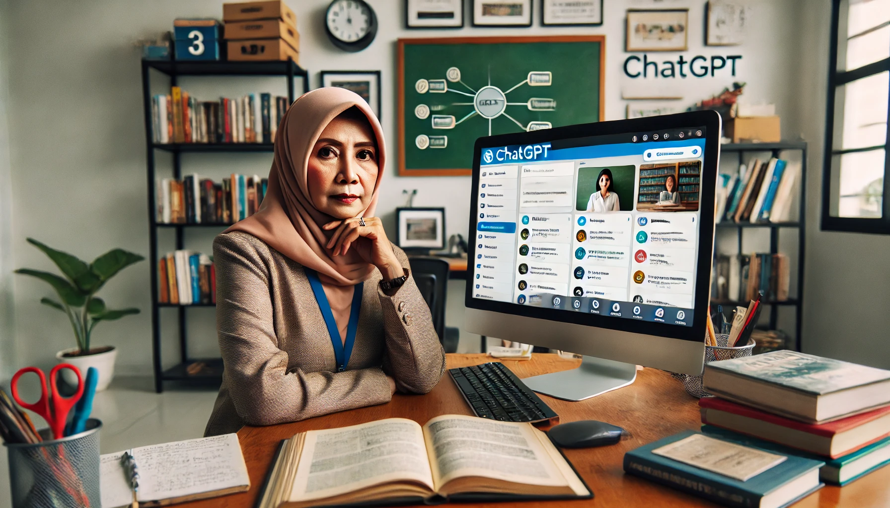 Seorang guru Indonesia di ruang kerjanya yang rapi, sedang menggunakan aplikasi ChatGPT di komputernya