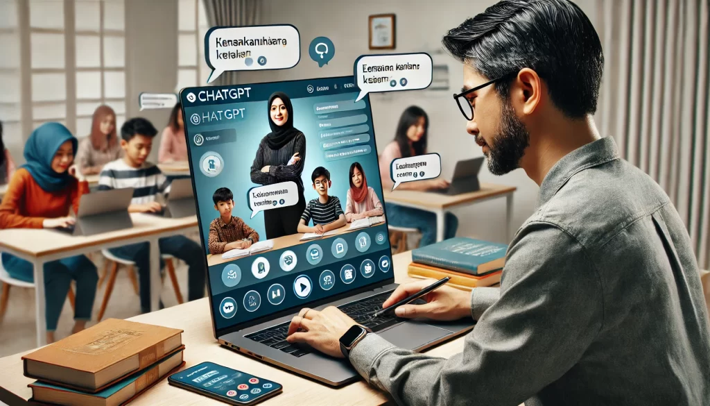 Seorang guru Indonesia sedang melakukan sesi belajar online dengan murid-muridnya menggunakan aplikasi ChatGPT