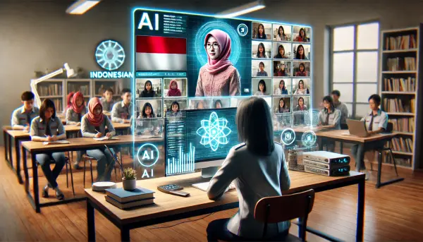 Seorang guru asal Indonesia di ruang kelas digital, menggunakan platform AI untuk mengajar siswa yang hadir secara virtual