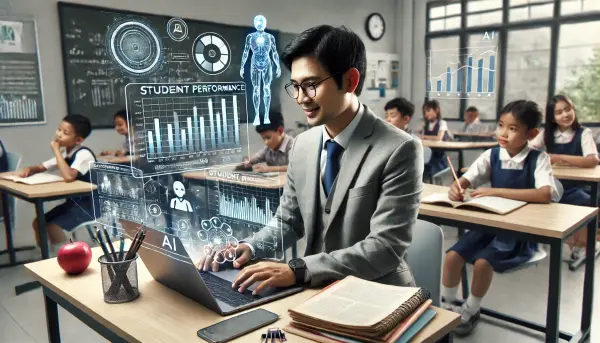 Seorang guru asal Indonesia yang sedang menggunakan laptop untuk menganalisis performa siswa dengan bantuan AI