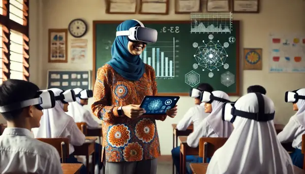 Seorang guru asal indonesia berdiri di depan kelas dengan tablet di tangan