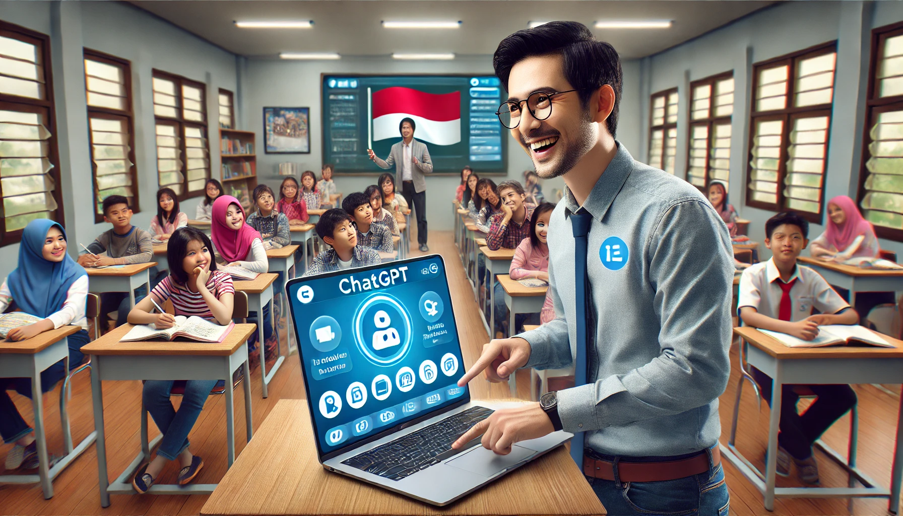 Seorang guru asli Indonesia di depan kelas yang menggunakan laptop dengan aplikasi ChatGPT terbuka
