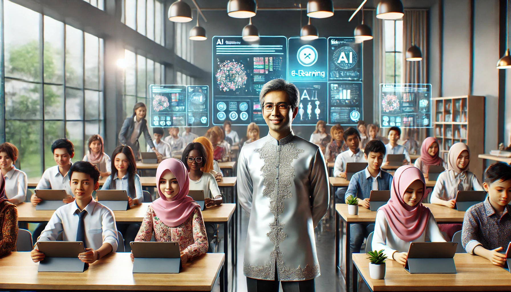 Seorang guru berdiri di depan layar besar yang menampilkan antarmuka platform e-learning berbasis AI