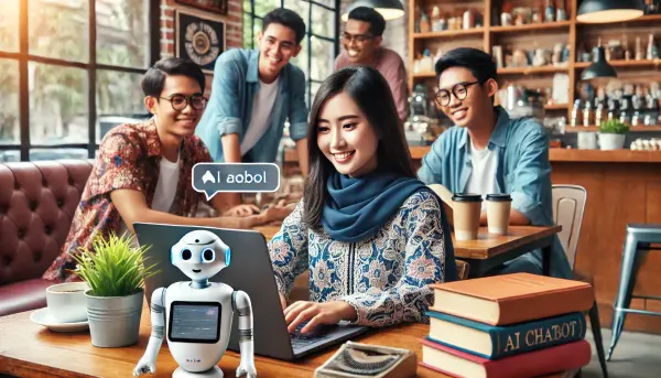 Seorang mahasiswa asal Indonesia menggunakan laptop di kafe dengan chatbot AI yang terbuka di layar