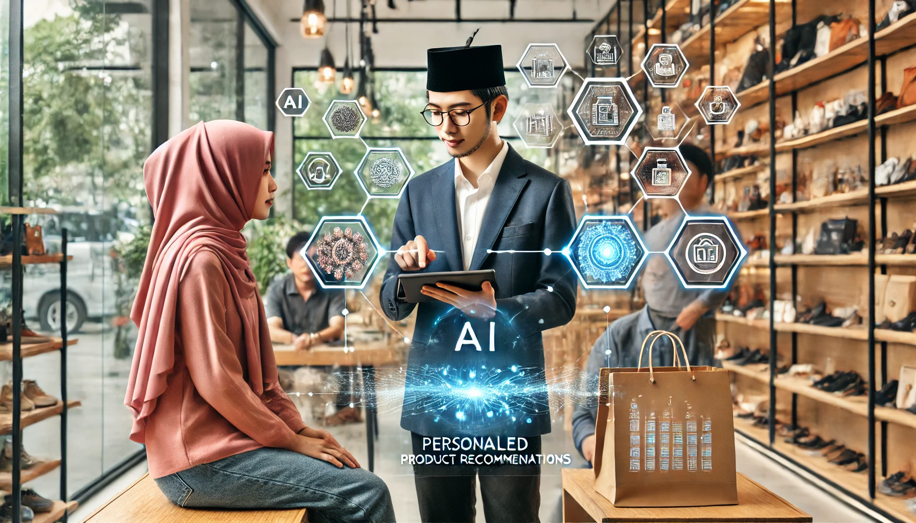 Seorang marketer yang menggunakan tablet untuk berinteraksi dengan pelanggan di toko fisik