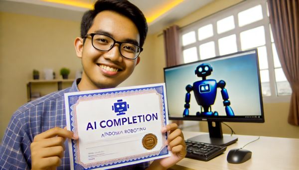 Seorang pelajar laki-laki Indonesia yang tersenyum bangga sambil memegang sertifikat pelatihan online robot AI