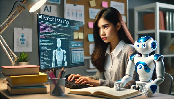 Seorang pelajar perempuan Indonesia yang sedang serius mengerjakan tugas pelatihan robot AI di depan komputer