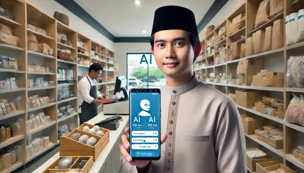 Seorang pemilik bisnis kecil yang menggunakan aplikasi AI di ponselnya untuk mengelola inventaris dan keuangan