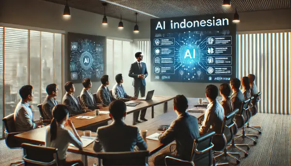 Seorang pemimpin bisnis asal Indonesia yang sedang memberikan presentasi tentang strategi AI kepada karyawan di ruang rapat