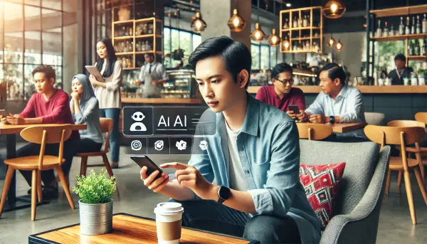 Seorang pengguna asal Indonesia yang sedang menggunakan aplikasi mobile berbasis AI di kafe
