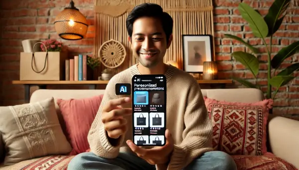 Seorang pengguna yang sedang berbelanja online menggunakan aplikasi berbasis AI di smartphone-nya