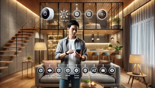 Seorang penghuni rumah pintar sedang menggunakan smartphone untuk mengontrol perangkat-perangkat tersebut