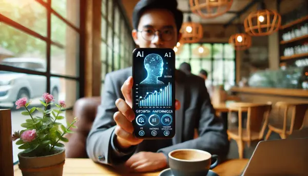 Seorang pengusaha muda asal Indonesia yang menggunakan aplikasi AI di smartphone untuk memantau performa bisnisnya