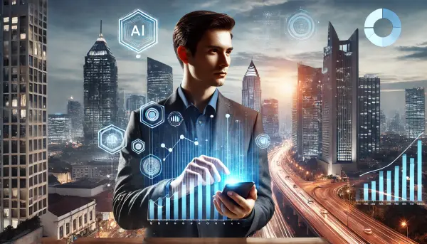 Seorang pengusaha yang menggunakan aplikasi AI di smartphone untuk mengambil keputusan berdasarkan analisis data