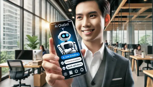 Seorang pengusaha yang sedang menggunakan AI chatbot di ponselnya