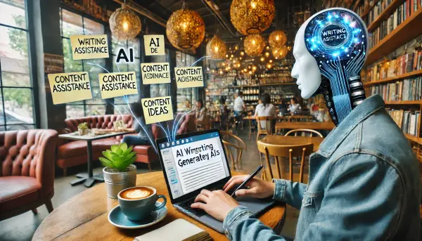 Seorang penulis yang sedang bekerja di kafe dengan laptop terbuka menampilkan alat bantu penulisan berbasis AI