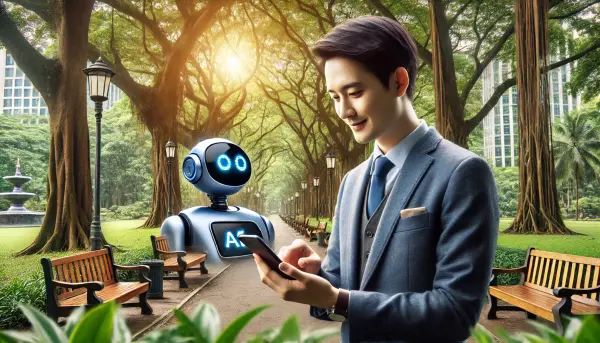 Seorang profesional asal Indonesia yang sedang menggunakan smartphone untuk berinteraksi dengan chatbot AI di taman