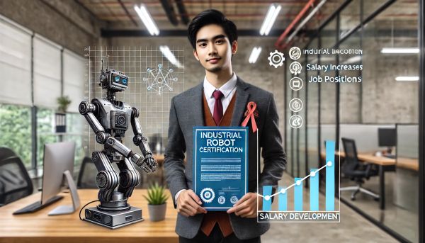Seorang profesional muda memegang sertifikat sertifikasi robot industri dengan latar belakang kantor modern