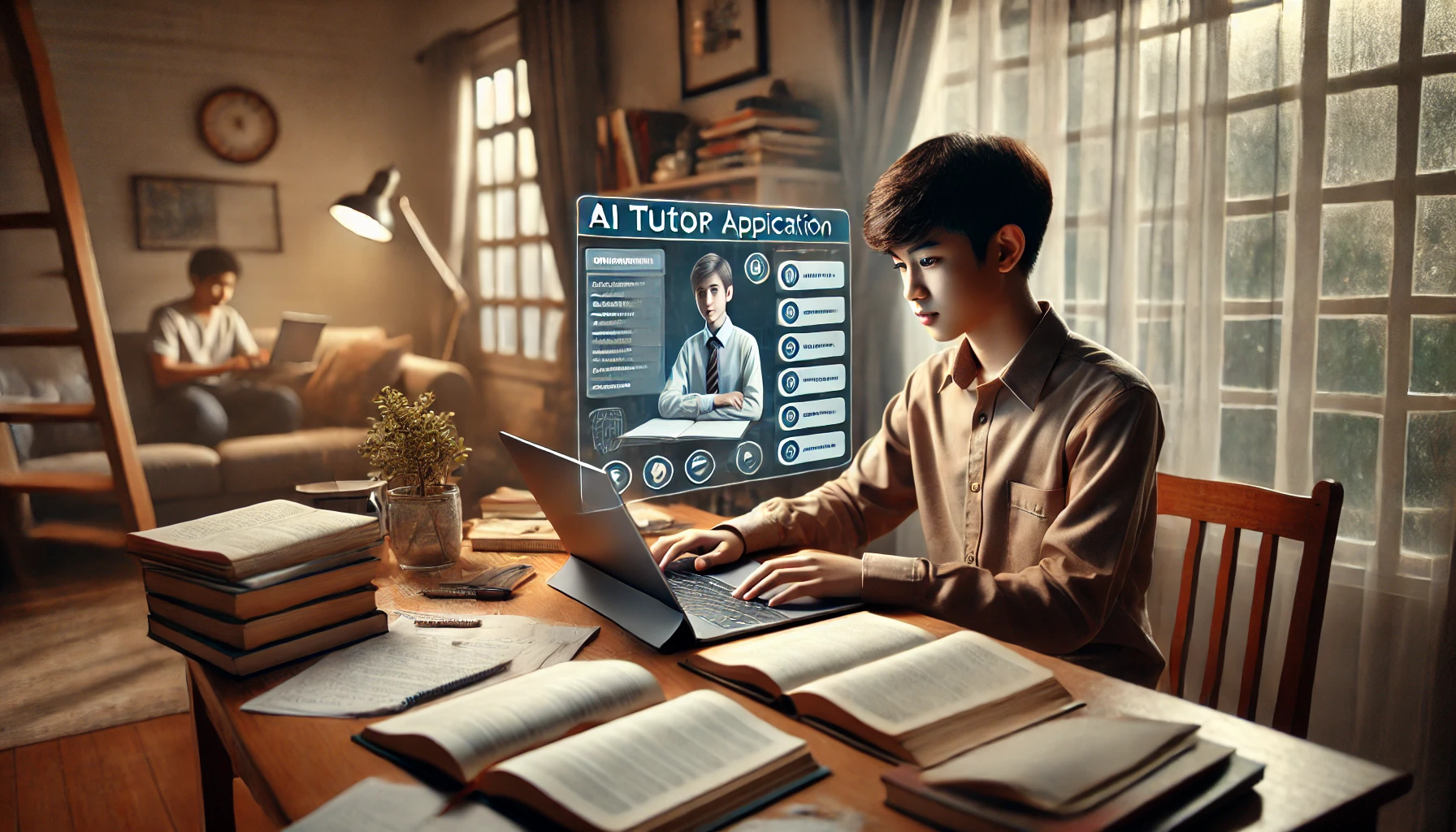 Seorang remaja duduk di meja belajarnya, menggunakan laptop dengan antarmuka aplikasi Tutor Virtual AI