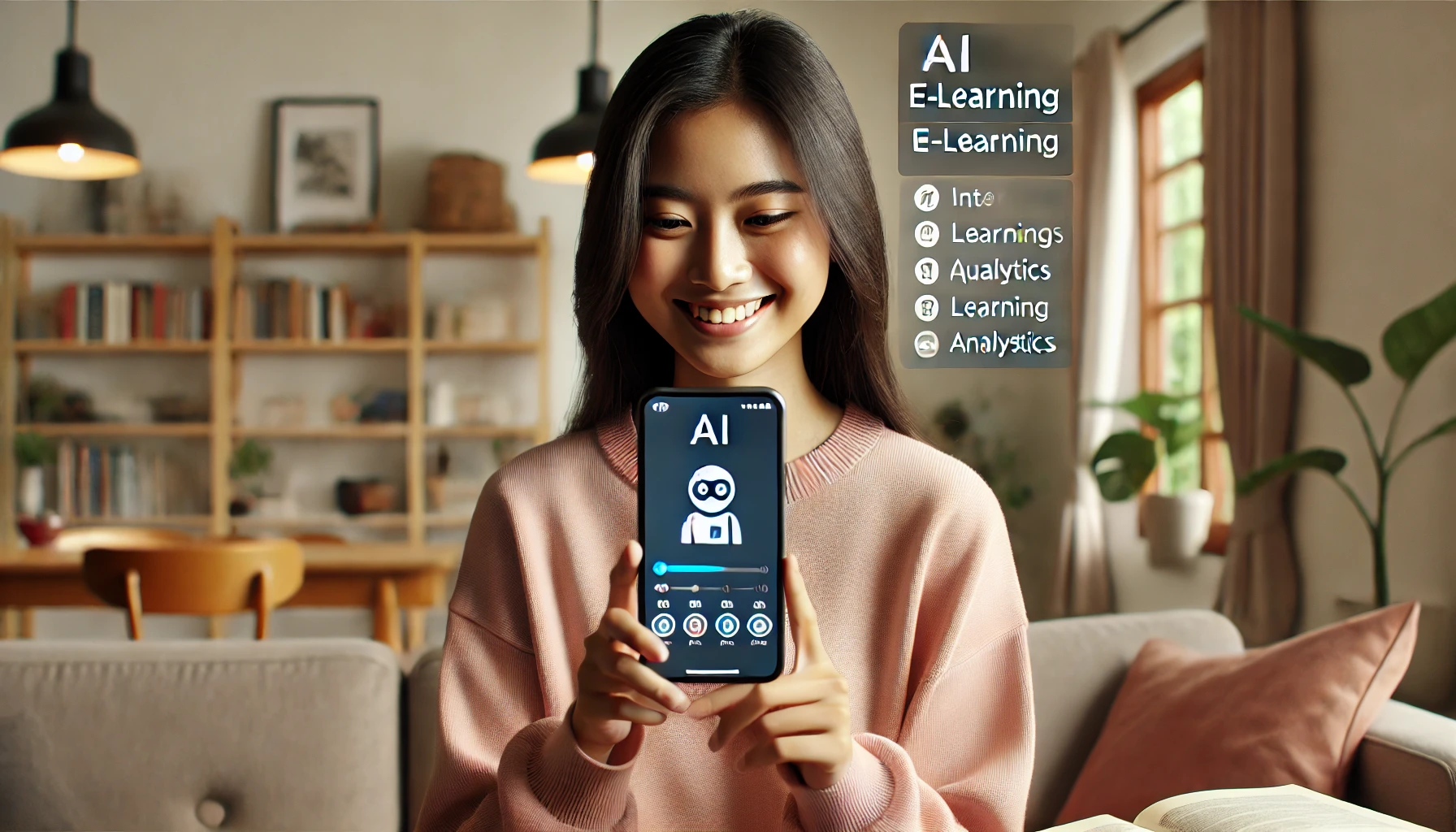 Seorang siswa Indonesia yang tersenyum saat menggunakan aplikasi e-learning AI