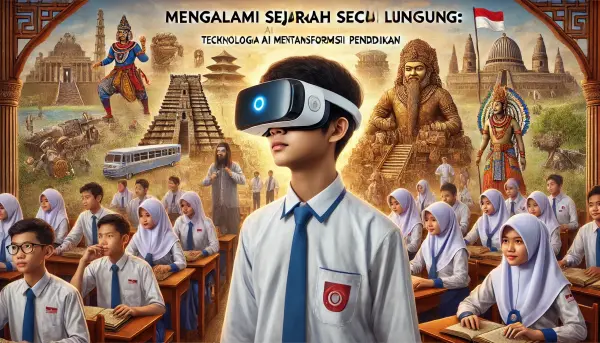 Seorang siswa asal Indonesia dengan headset VR yang menjelajahi dunia sejarah kuno