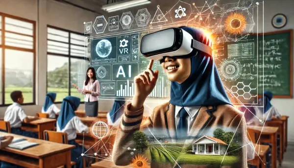 Seorang siswa asal Indonesia menggunakan headset VR untuk merasakan pengalaman belajar
