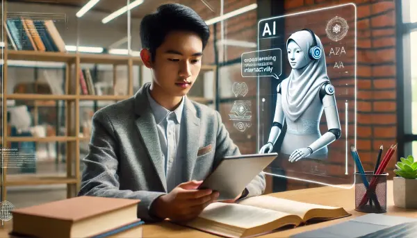 Seorang siswa asal Indonesia sedang belajar dengan bantuan asisten AI virtual di tablet atau komputer