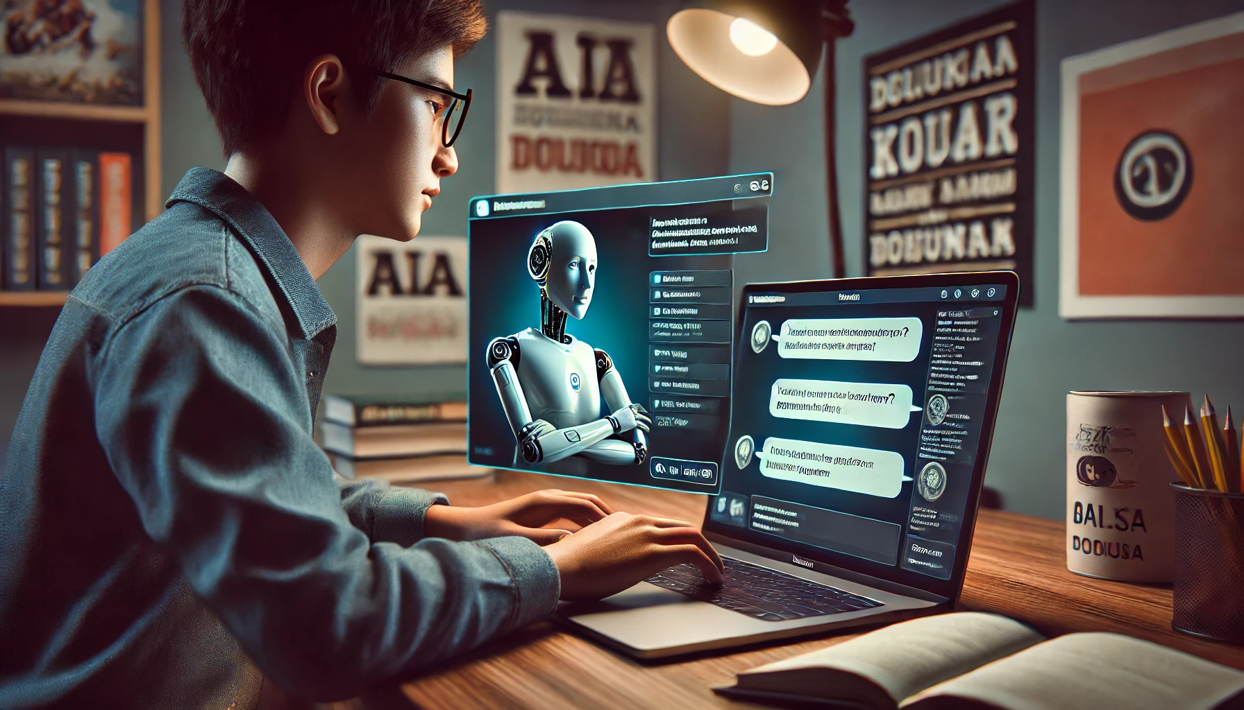 Seorang siswa asal Indonesia yang berdiskusi dengan chatbot AI di laptopnya