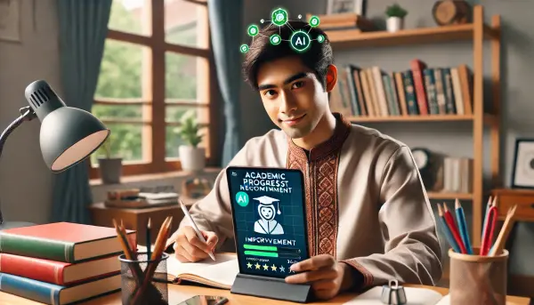Seorang siswa asal Indonesia yang sedang belajar dengan bantuan aplikasi AI di tablet