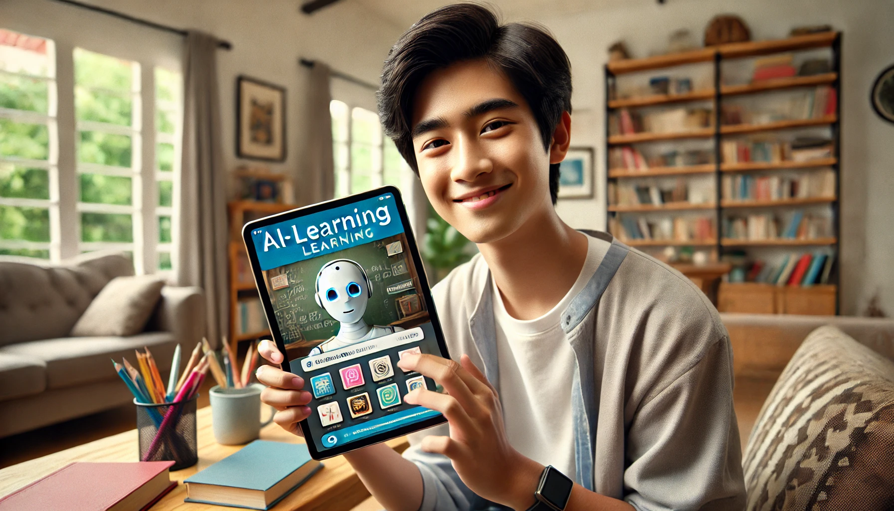 Seorang siswa asal Indonesia yang sedang menggunakan tablet di rumah dengan suasana nyaman