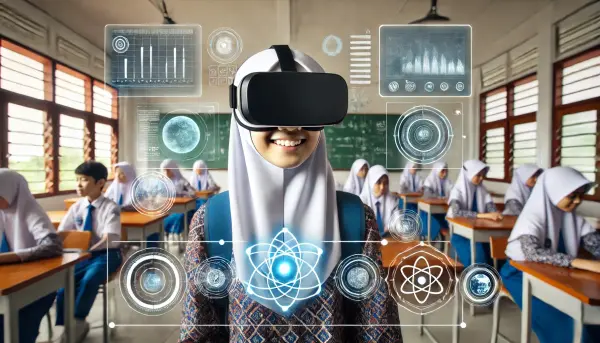 Seorang siswa asal indonesia menggunakan headset virtual reality