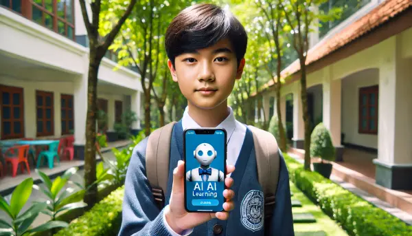 Seorang siswa muda asal Indonesia yang memegang smartphone dengan aplikasi pembelajaran AI terbuka di layar