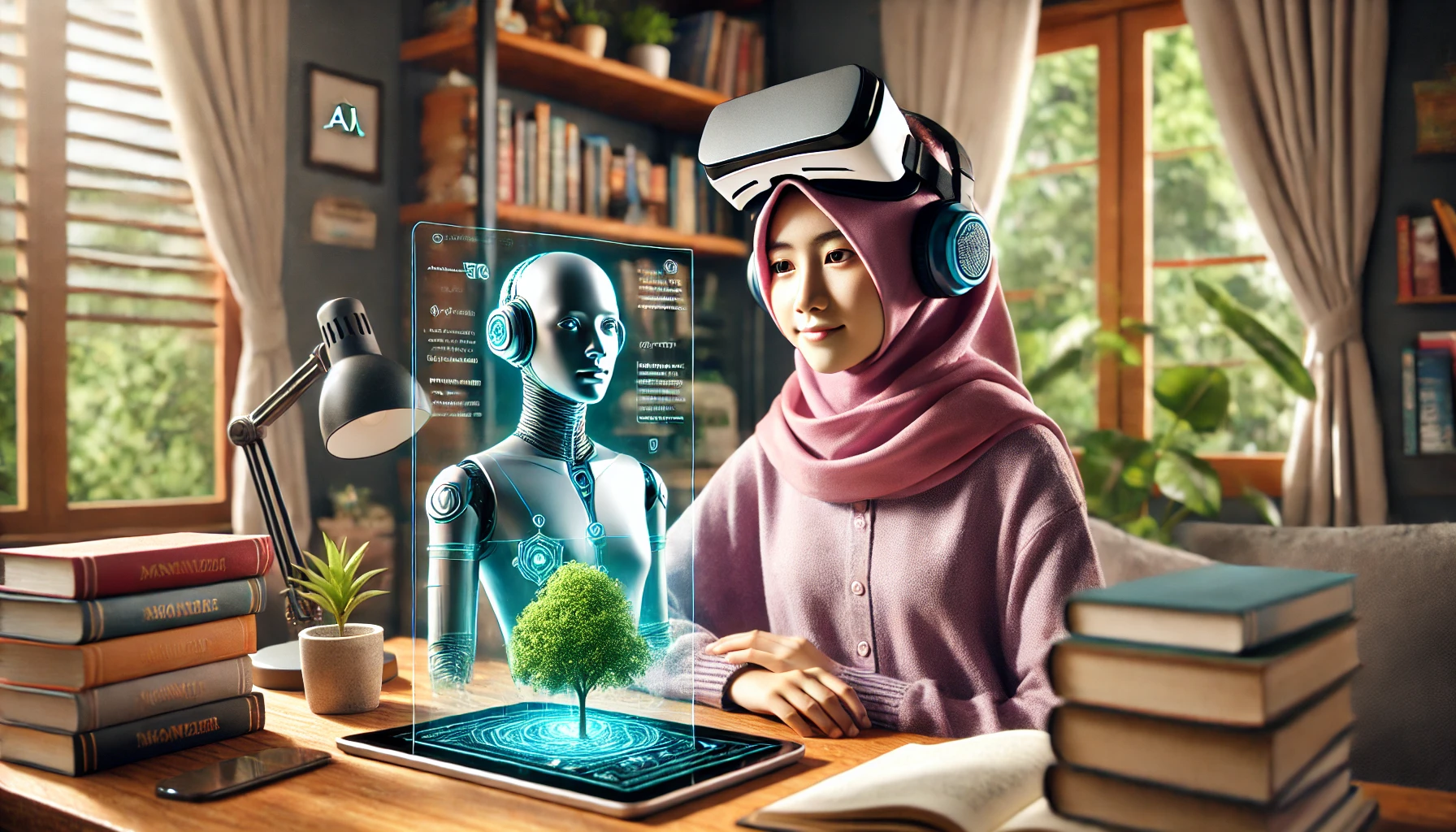 Seorang siswa yang belajar di rumah dengan headset VR dan tablet di depannya