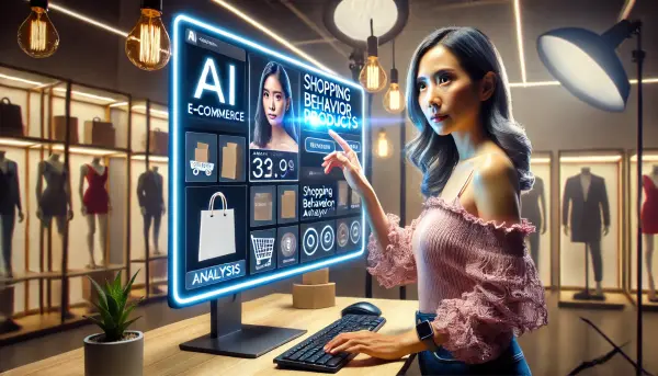 Seorang wanita yang sedang berbelanja di situs web e-commerce dengan menggunakan teknologi AI untuk menyarankan produk