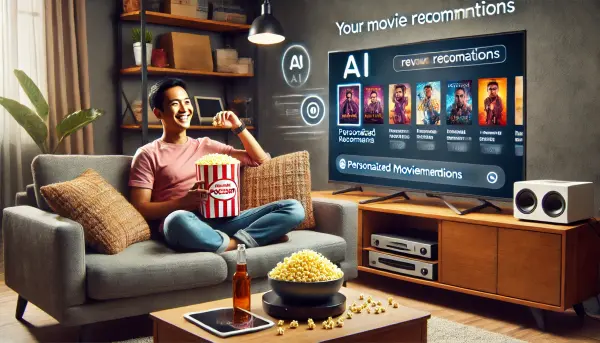 Seseorang yang sedang santai di sofa, dikelilingi oleh perangkat teknologi modern dan menikmati suasana menonton film yang nyaman