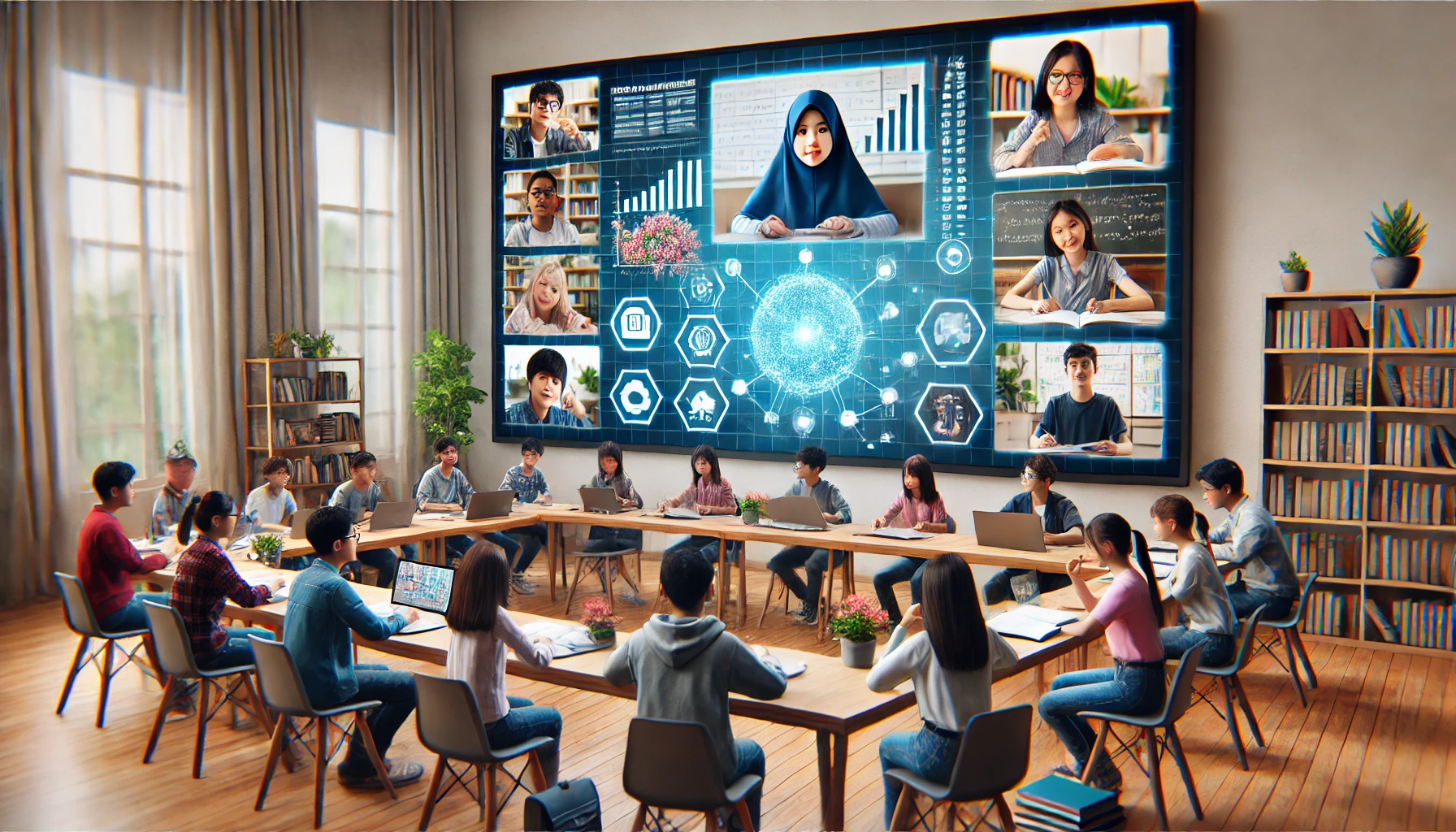 Sesi kelas virtual dengan berbagai siswa yang terhubung dengan Tutor Virtual AI