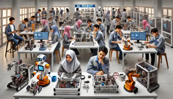 Siswa-siswa di laboratorium robot AI, masing-masing bekerja pada proyek mereka sendiri