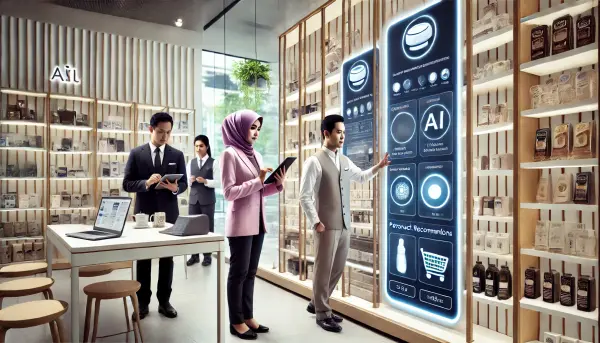 Suasana dalam toko fisik yang mengintegrasikan teknologi AI untuk memberikan pengalaman belanja yang personal
