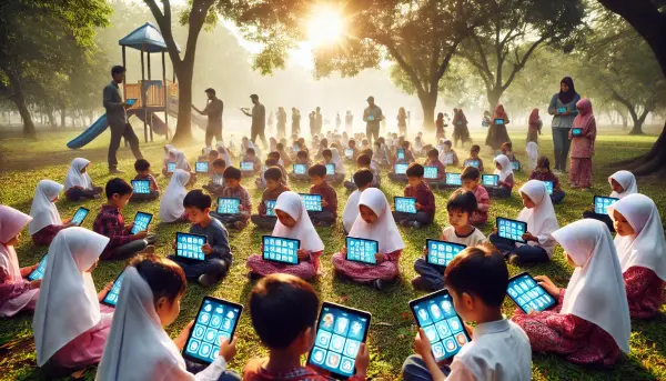 Suasana di sebuah taman dengan anak-anak asal Indonesia yang sedang bermain game edukasi AI di tablet mereka