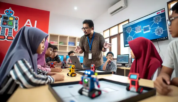Suasana kelas di sekolah robot AI dengan siswa-siswa sedang terlibat dalam pembelajaran interaktif