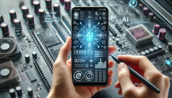 Tampilan antarmuka aplikasi mobile berbasis AI yang futuristik di sebuah smartphone