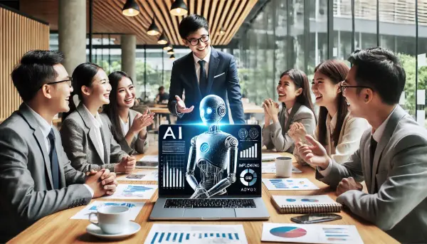 Tim bisnis asal Indonesia yang sedang berdiskusi dengan antusias tentang penerapan AI di perusahaan mereka