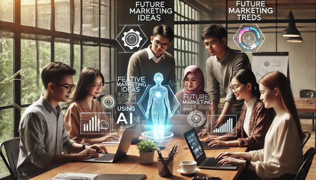 Tim pemasaran yang bekerja sama di ruang konferensi dengan elemen inovatif