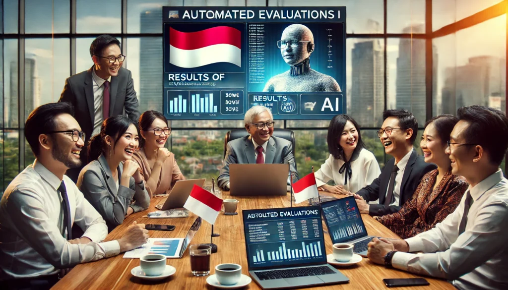 Tim profesional yang berkolaborasi dalam rapat, dengan hasil evaluasi otomatis yang dihasilkan oleh AI di layar laptop