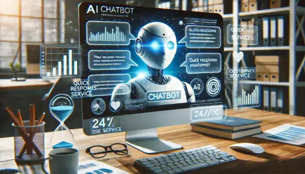 Visualisasi AI chatbot sebagai asisten virtual di sebuah situs web bisnis