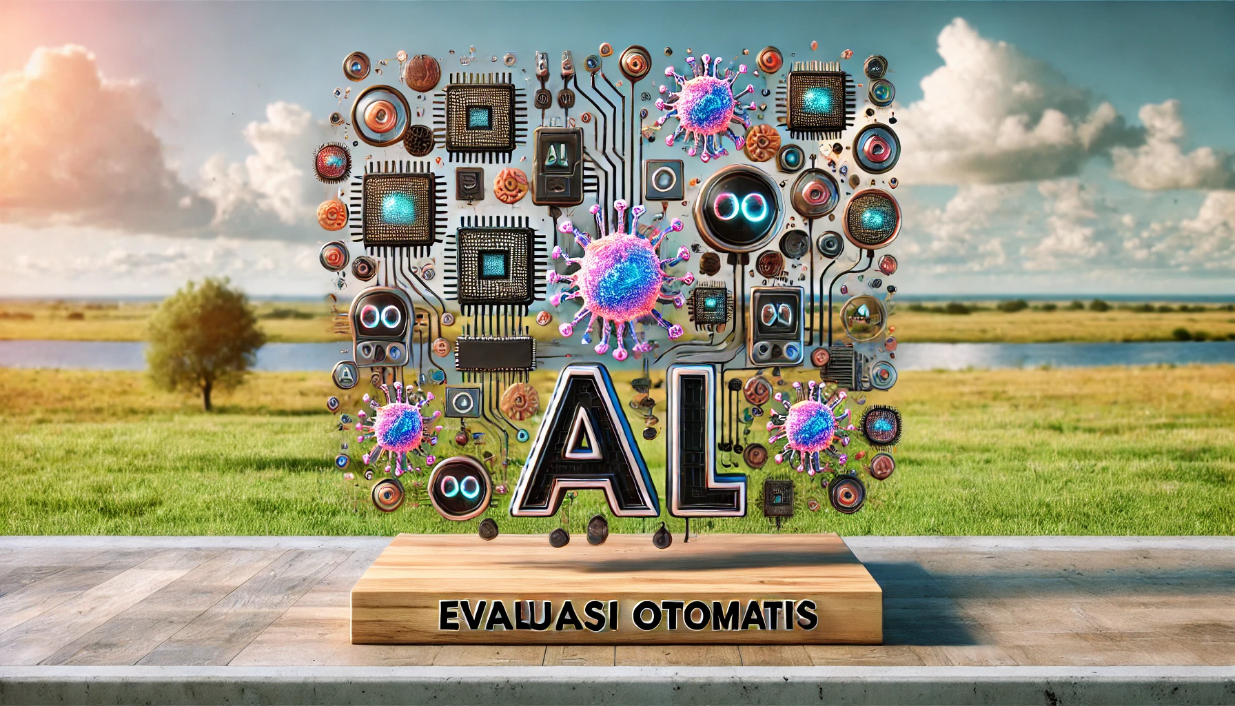 Visualisasi konsep AI dengan simbol-simbol teknologi yang membentuk kata 'Evaluasi Otomatis'