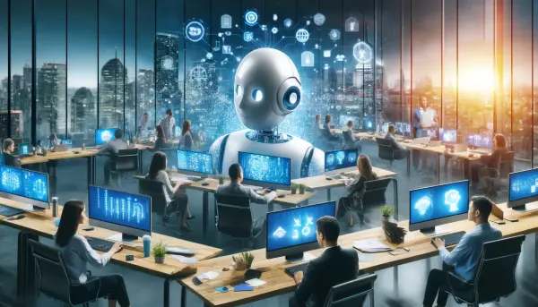 Visualisasi sebuah bisnis yang memanfaatkan teknologi AI untuk meningkatkan efisiensi