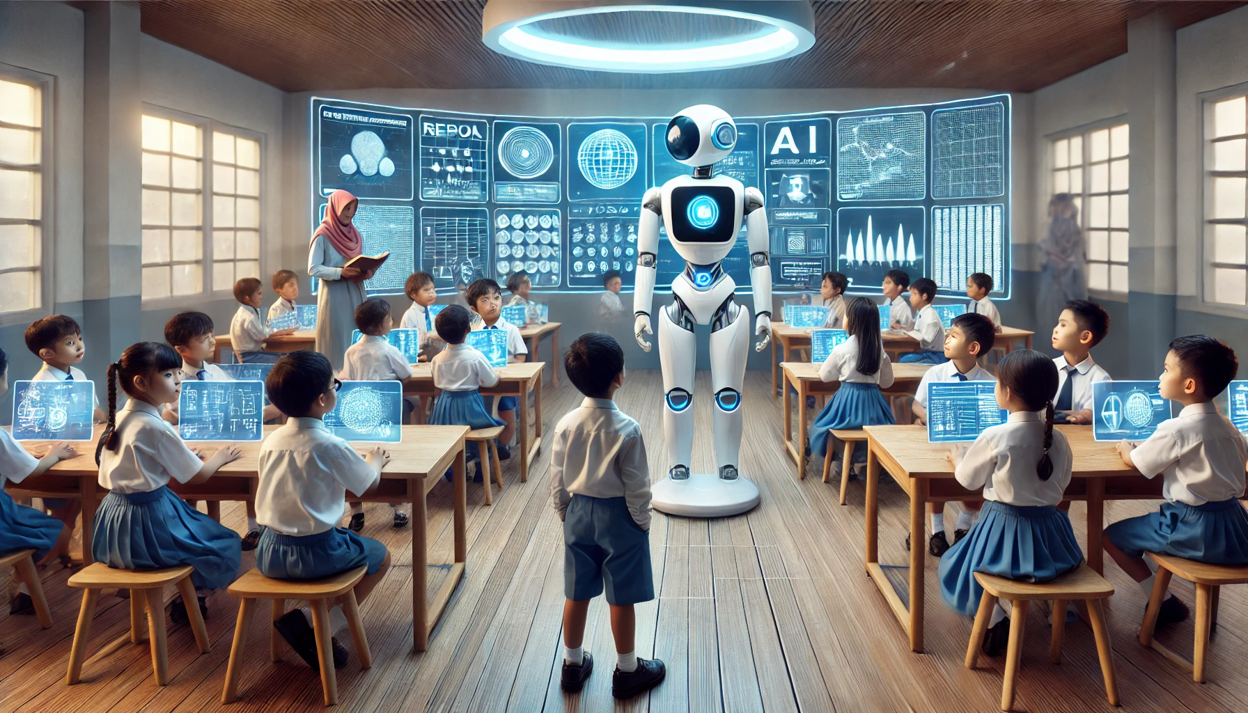 Visualisasi sebuah ruang kelas futuristik, di mana sekelompok anak asal Indonesia sedang belajar bersama robot AI